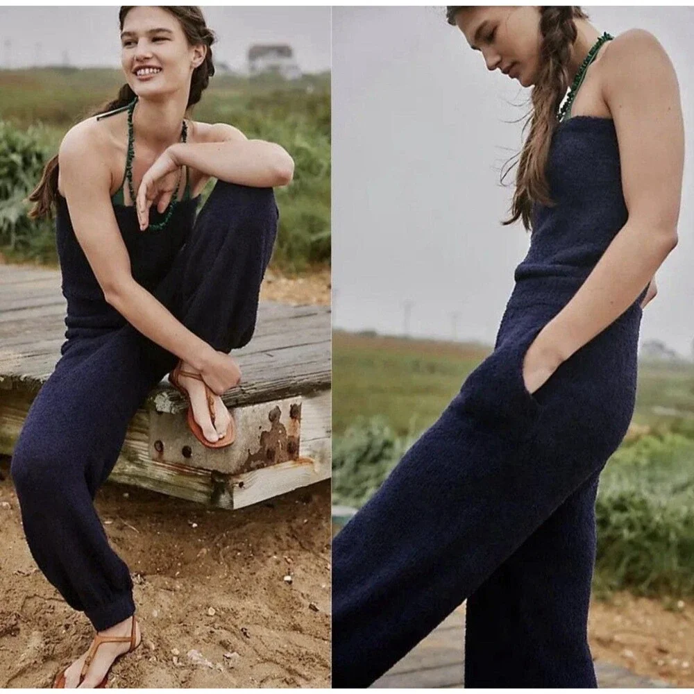 Free People Beach Claire One Piece Jumpsuit Navy Blue Terry Cloth Towel Size XS